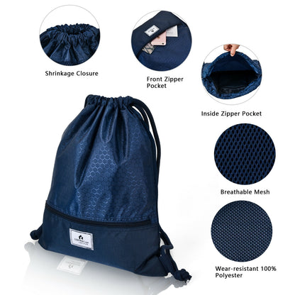 Drawstring Backpack String Bag Foldable Sports Sack with Zipper Pocket, Dark Blue