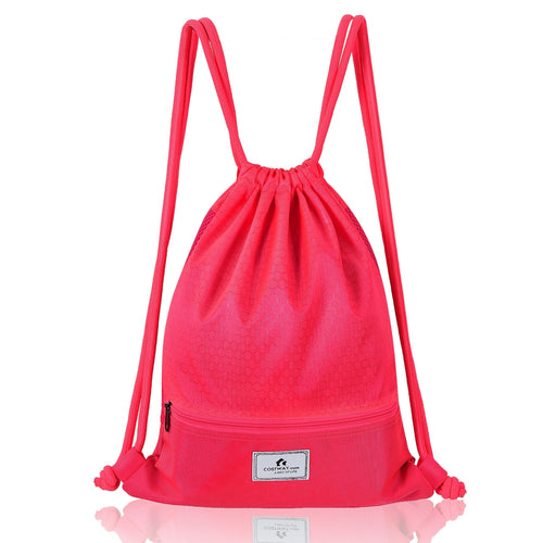 Drawstring Backpack String Bag Foldable Sports Sack with Zipper Pocket, Pink