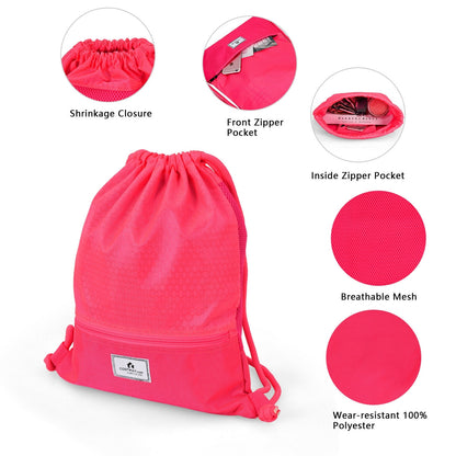 Drawstring Backpack String Bag Foldable Sports Sack with Zipper Pocket, Pink