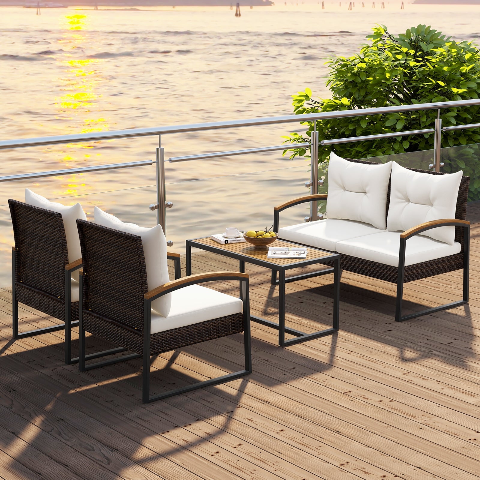 4 Pieces Patio Conversation Set with Acacia Wood Armrests and Tabletop and Cushions, White Patio Conversation Sets at Gallery Canada