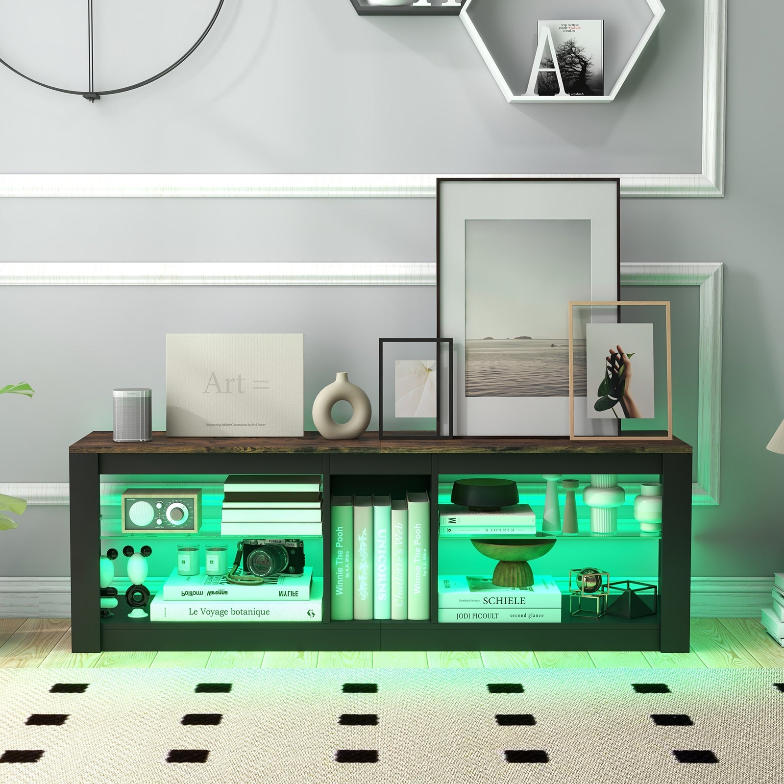 Modern TV Stand with LED Light and Adjustable Shelves for TVs up to 65 inch, Brown Entertainment Centers & TV Stands at Gallery Canada