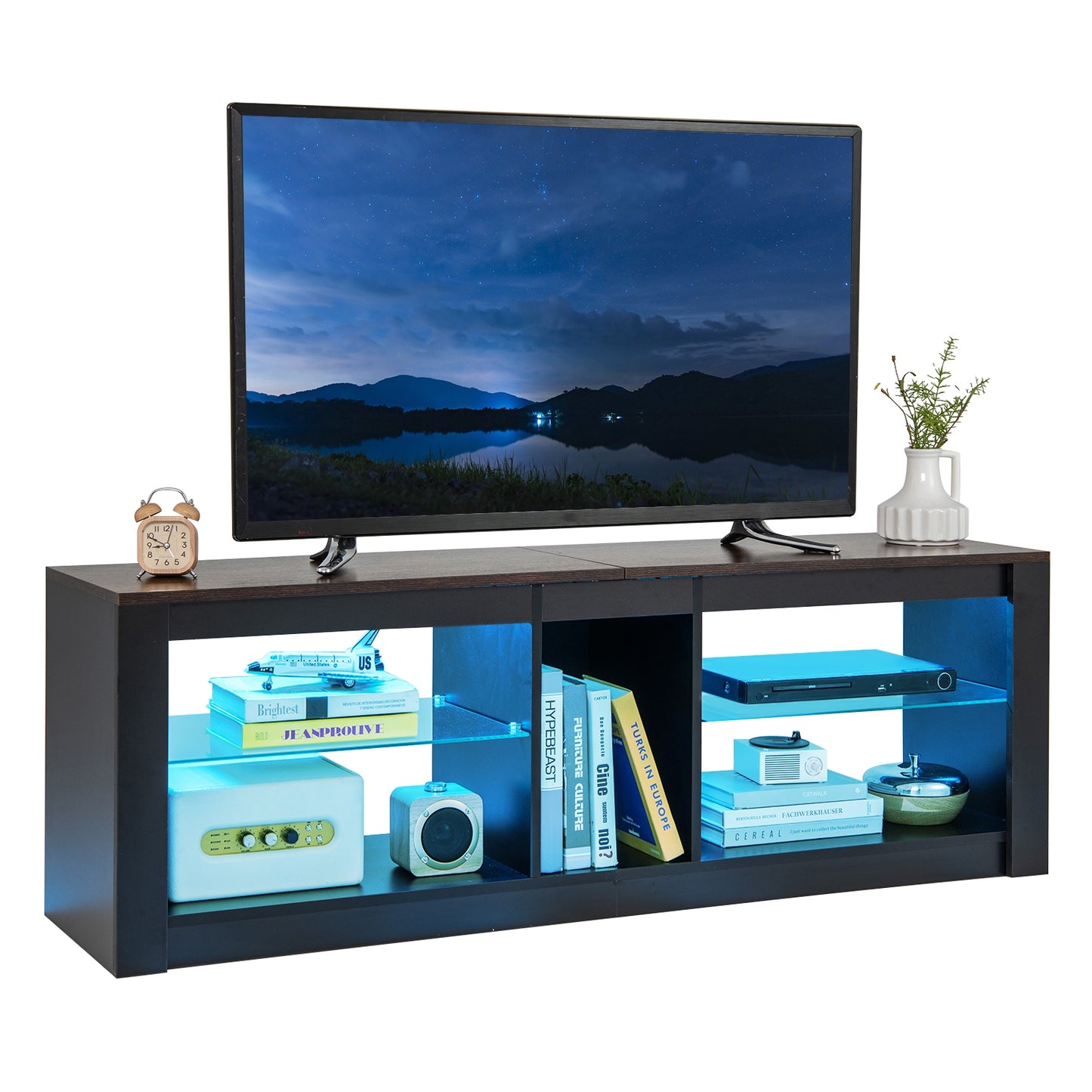 Modern TV Stand With LED Light, Adjustable Shelves, 65 Inch, Brown Entertainment Centers & TV Stands Brown at Gallery Canada