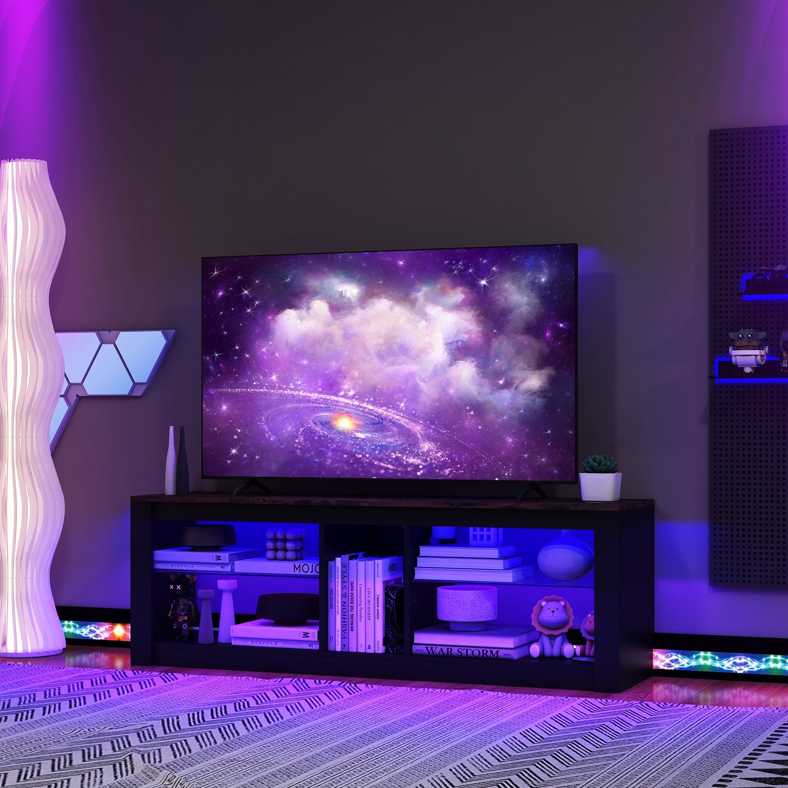 Modern TV Stand with LED Light and Adjustable Shelves for TVs up to 65 inch, Brown Entertainment Centers & TV Stands at Gallery Canada