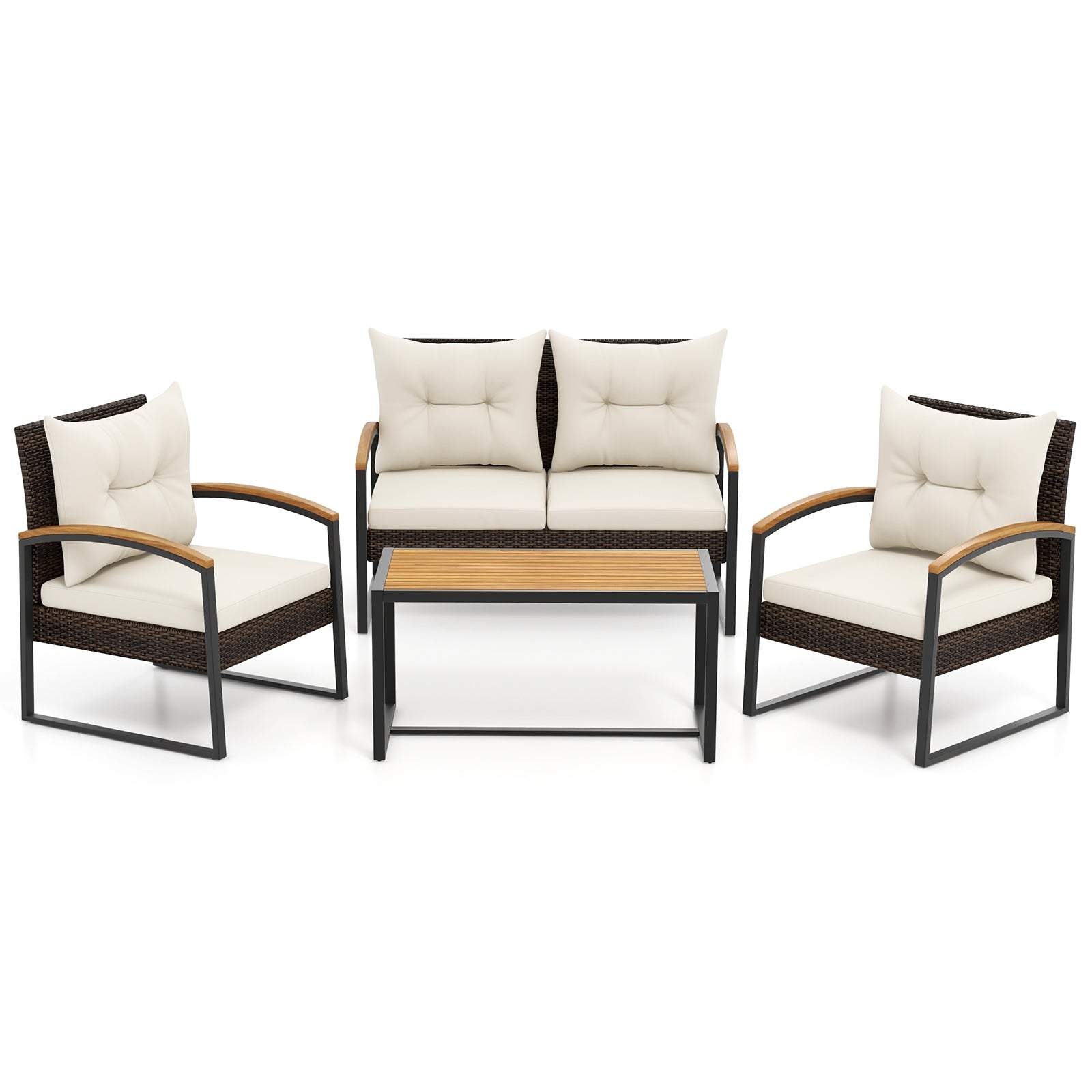 4 Pieces Patio Conversation Set with Acacia Wood Armrests and Tabletop and Cushions, White Patio Conversation Sets White at Gallery Canada