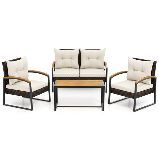 4 Pieces Patio Conversation Set with Acacia Wood Armrests and Tabletop and Cushions, White Patio Conversation Sets White at Gallery Canada