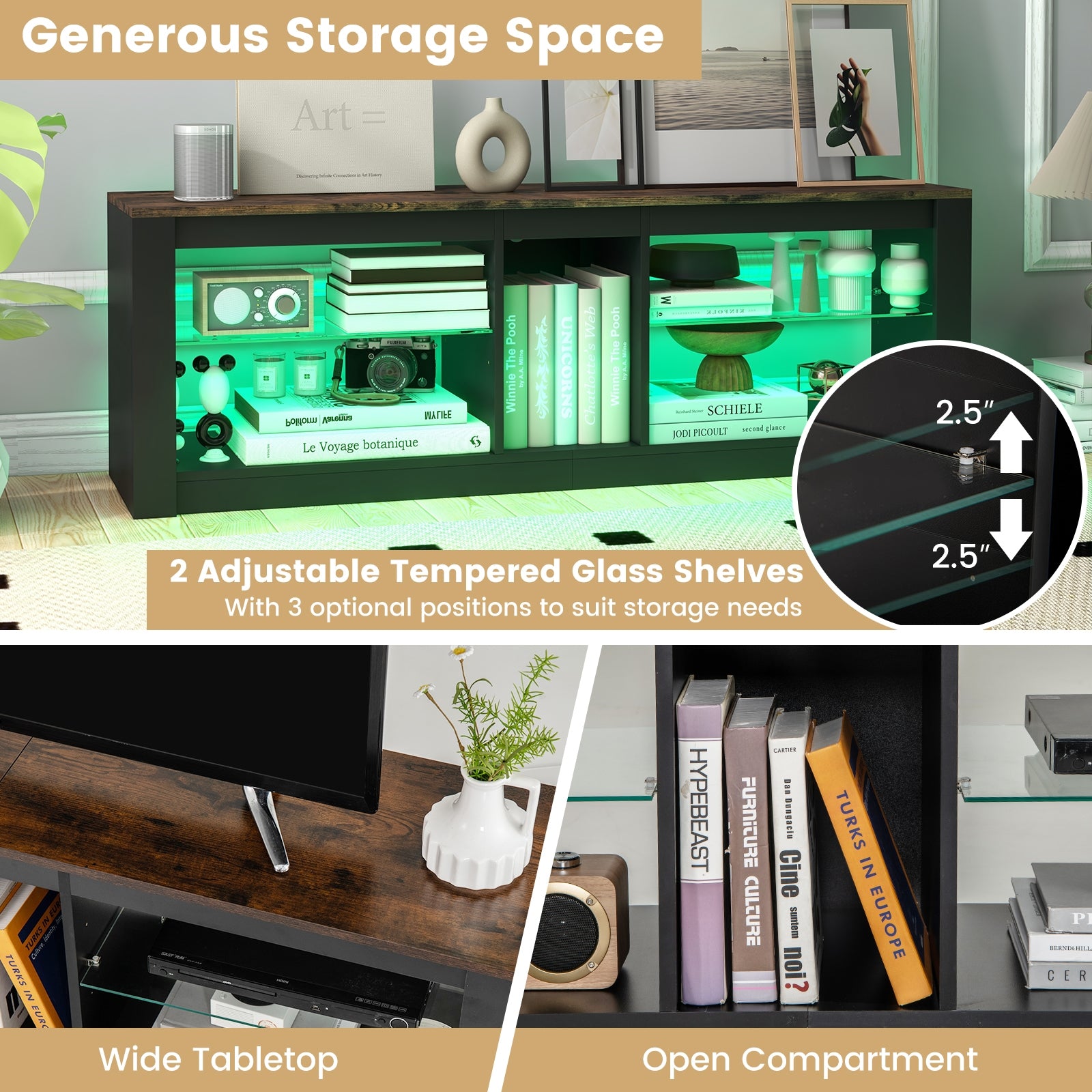 Modern TV Stand with LED Light and Adjustable Shelves for TVs up to 65 inch, Brown Entertainment Centers & TV Stands at Gallery Canada