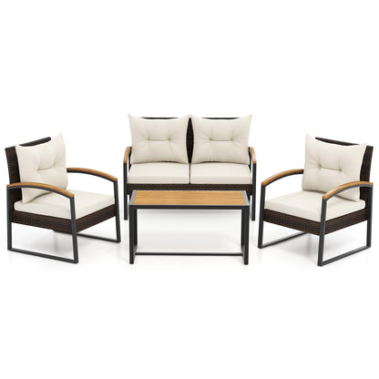 Ensemble de conversation pour patio 4 pièces, Accoudoirs en bois d'acacia, Dessus de table, Coussins, Blanc