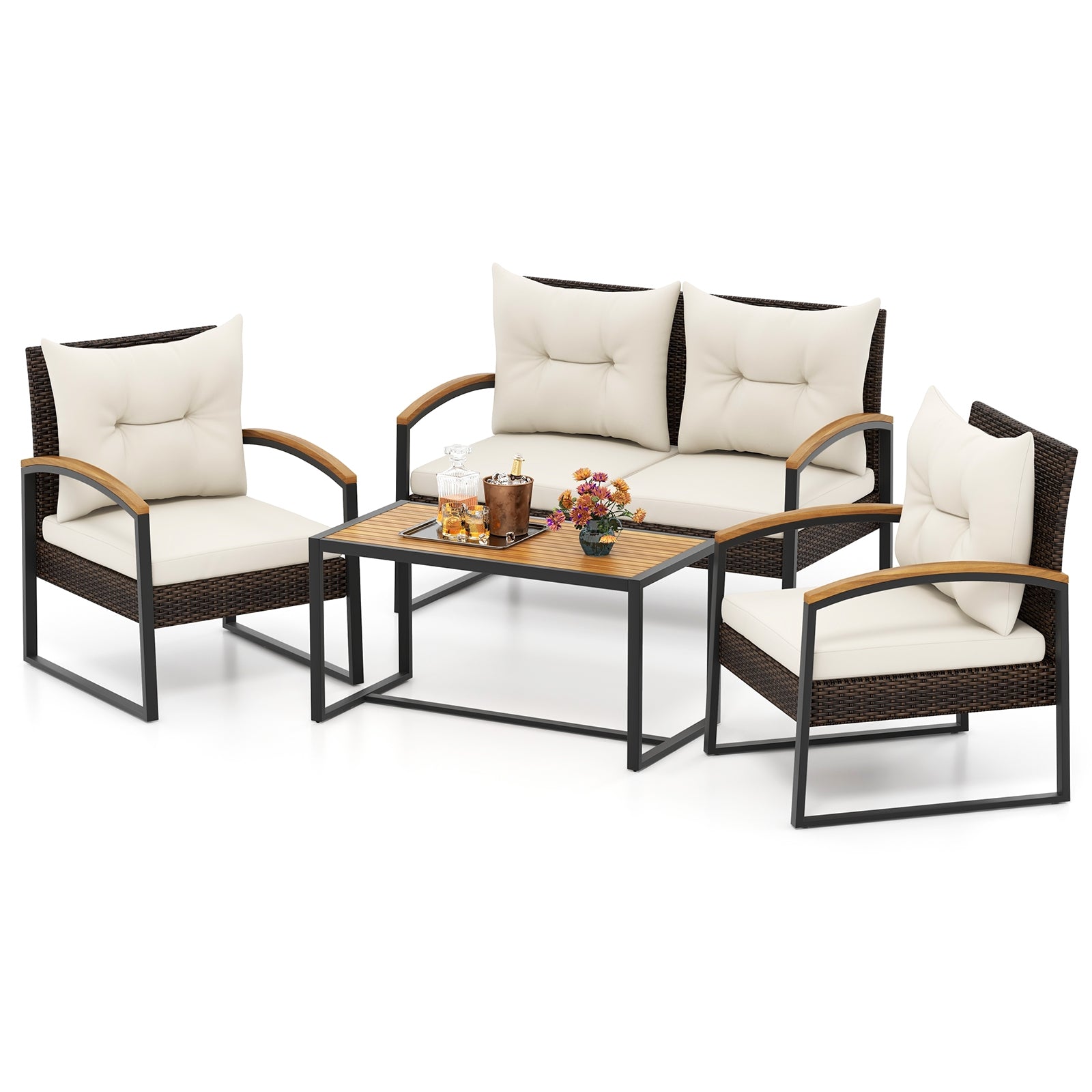 4 Pieces Patio Conversation Set with Acacia Wood Armrests and Tabletop and Cushions, White Patio Conversation Sets at Gallery Canada