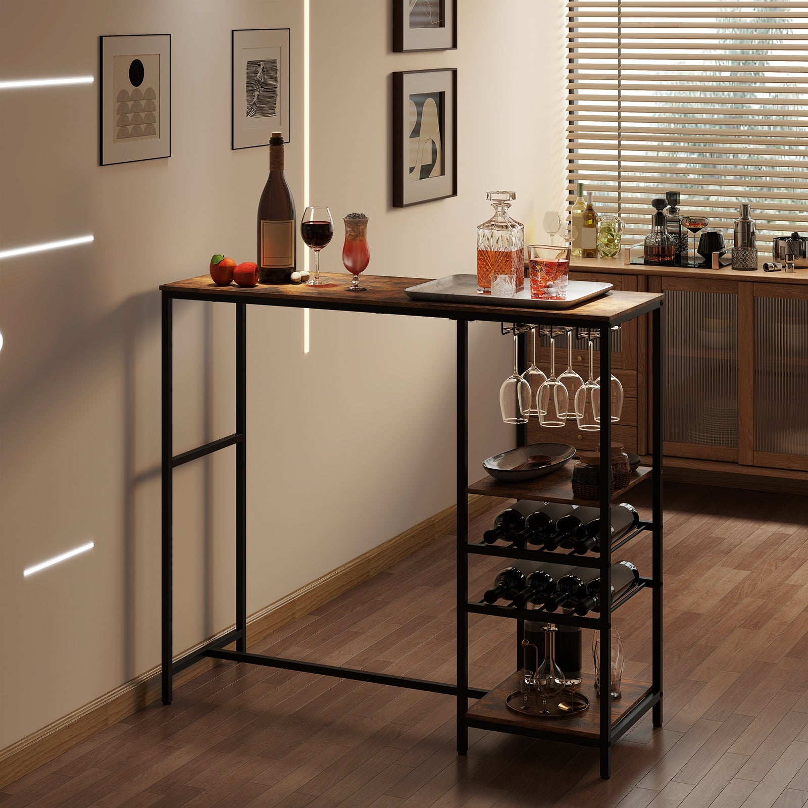 Long Bar Table Bar Height Dining Table with Storage Shelves, Rustic Brown Bar Tables at Gallery Canada