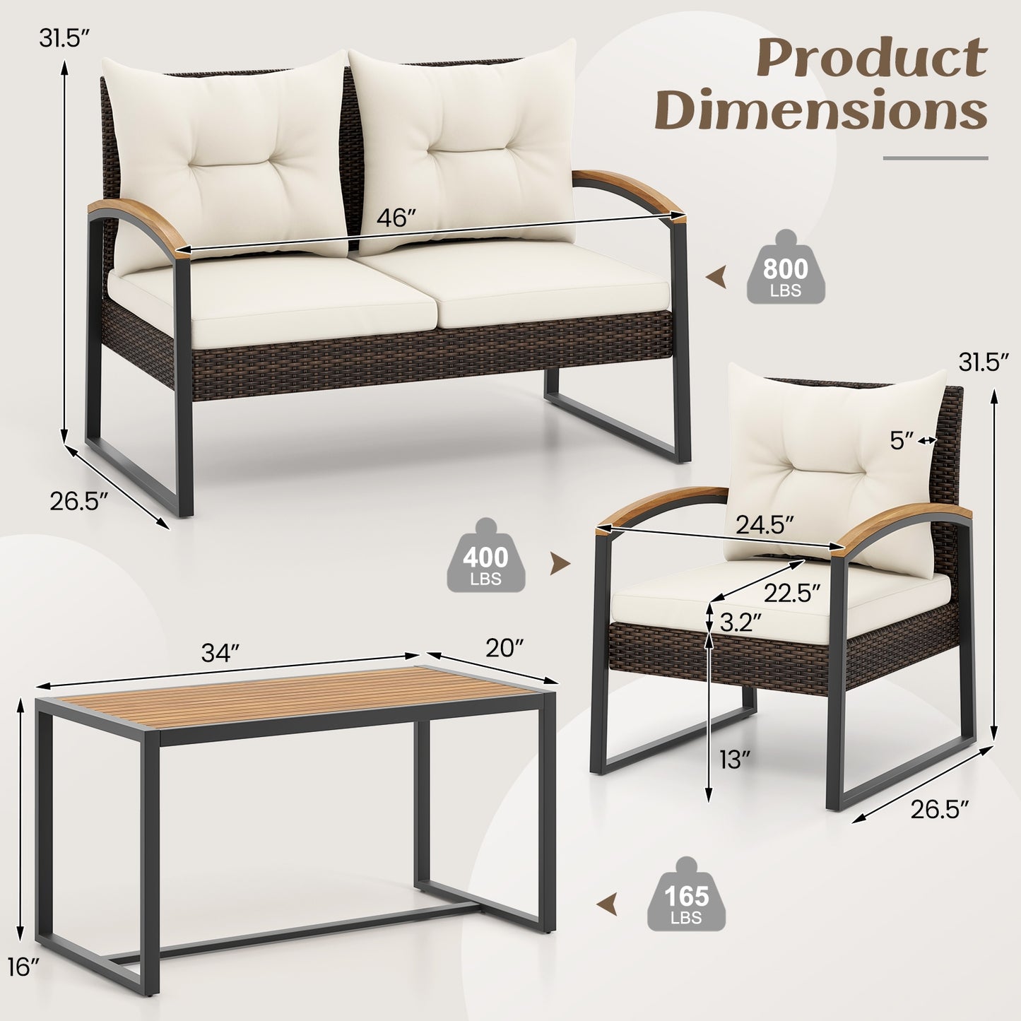 4 Pieces Patio Conversation Set with Acacia Wood Armrests and Tabletop and Cushions, White Patio Conversation Sets at Gallery Canada