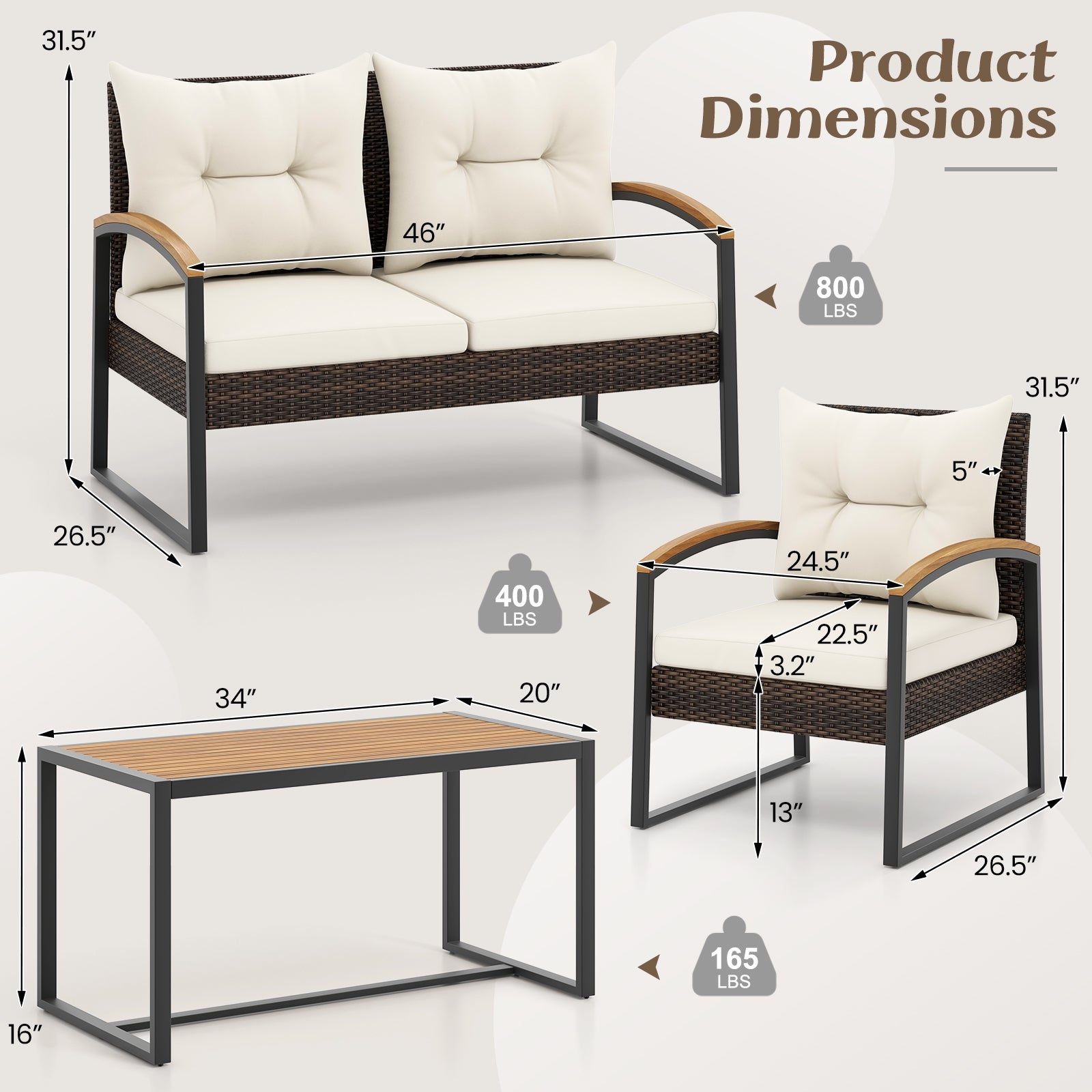 4 Pieces Patio Conversation Set with Acacia Wood Armrests and Tabletop and Cushions, White Patio Conversation Sets at Gallery Canada