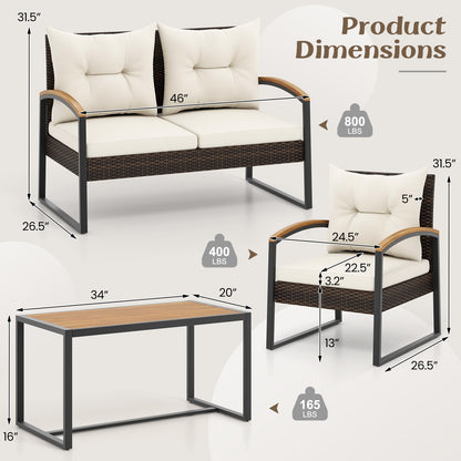 4 Pieces Patio Conversation Set with Acacia Wood Armrests and Tabletop and Cushions, White Patio Conversation Sets at Gallery Canada