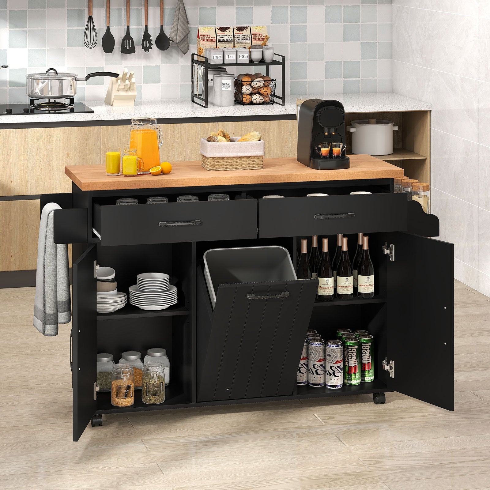 Mobile Kitchen Island Table with Trash Bag Storage for Dining Room, Black Kitchen Islands & Carts at Gallery Canada