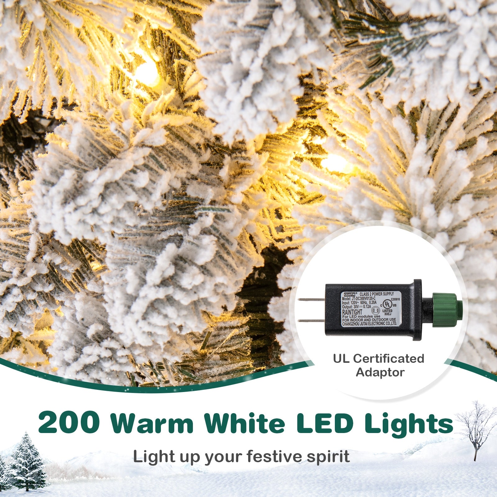 7 Feet Flocked Christmas Tree with Pine Needles and LED Lights, Green Christmas Tree at Gallery Canada