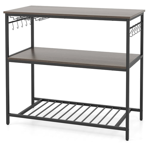 Kitchen Island With 3 Shelves, Wine Glass Holders, 10 Hooks, Gray