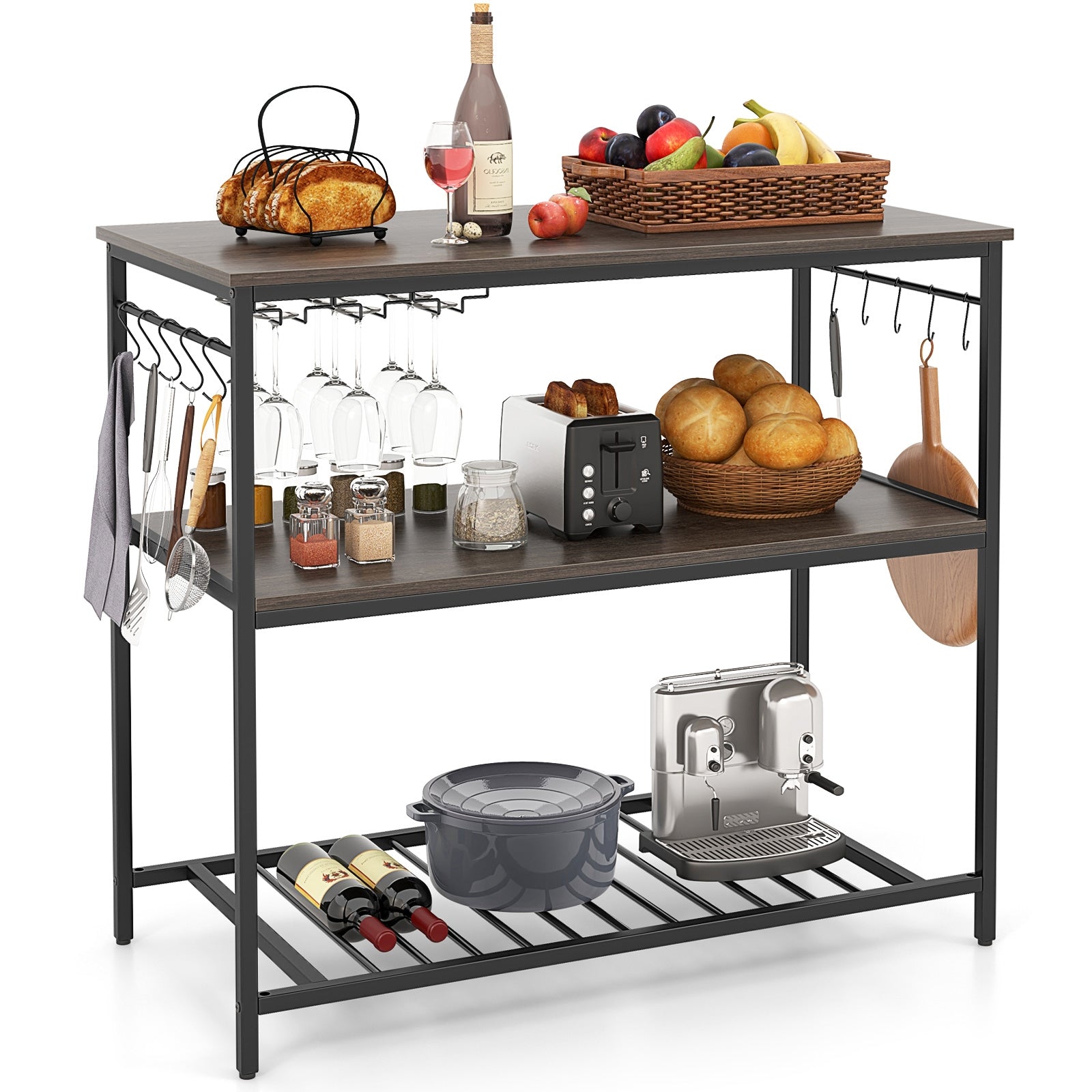 Kitchen Island with 3 Shelves Wine Glass Holders and 10 Hooks, Gray Kitchen Islands & Carts at Gallery Canada