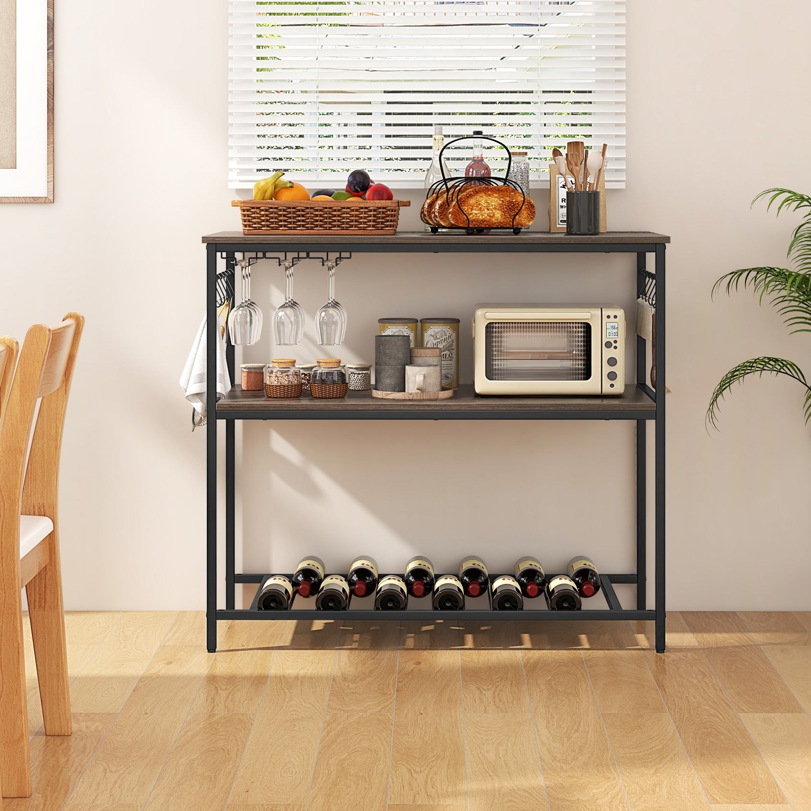 Kitchen Island with 3 Shelves Wine Glass Holders and 10 Hooks, Gray Kitchen Islands & Carts at Gallery Canada