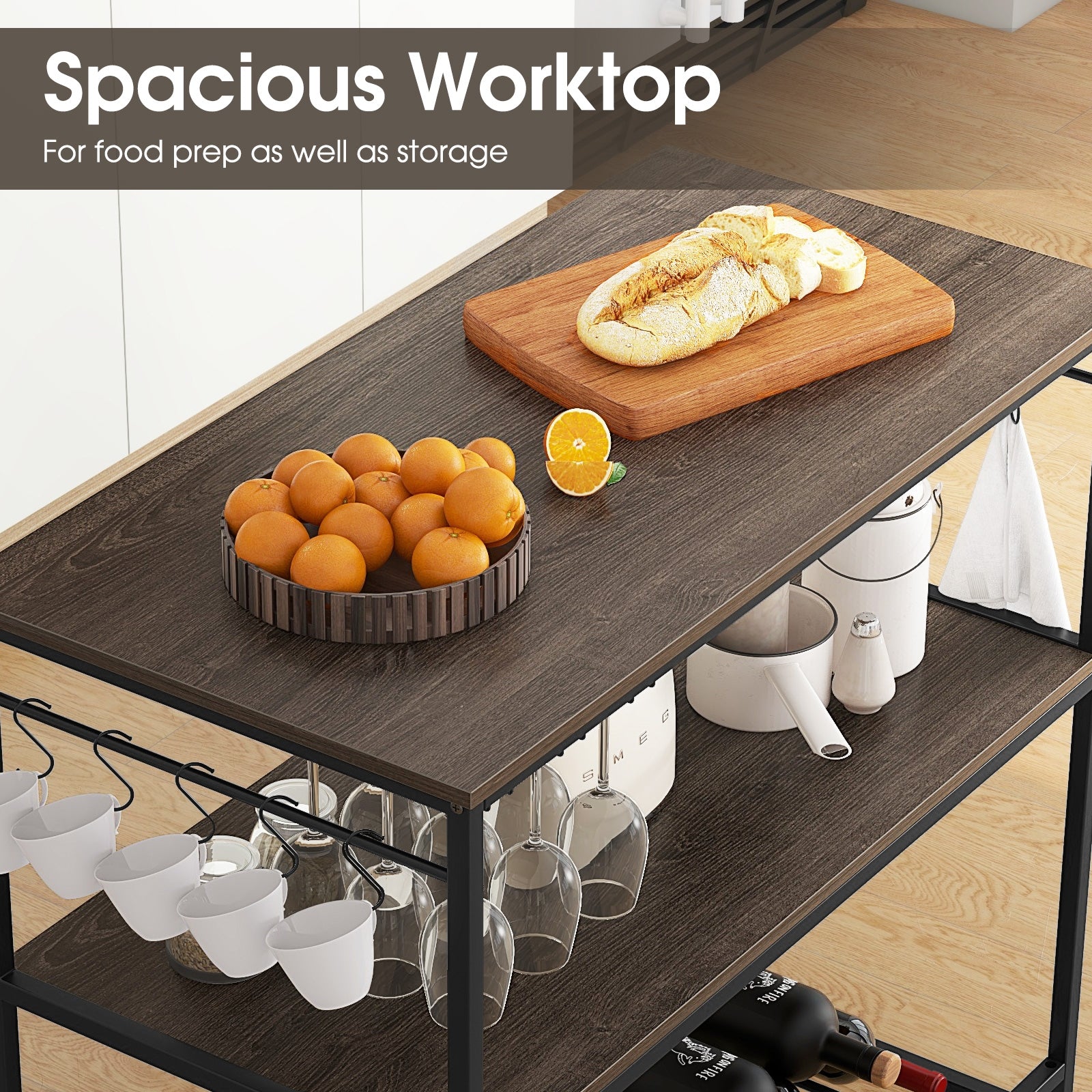 Kitchen Island with 3 Shelves Wine Glass Holders and 10 Hooks, Gray Kitchen Islands & Carts at Gallery Canada