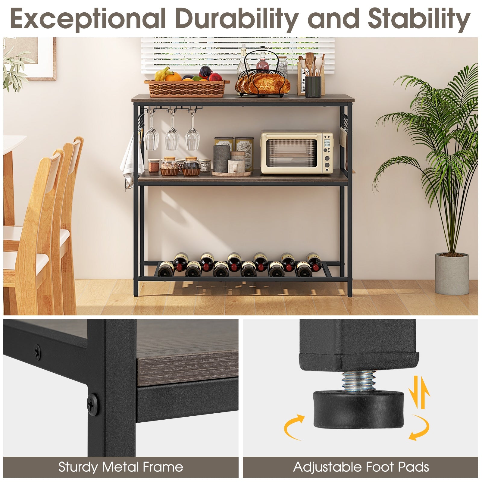 Kitchen Island with 3 Shelves Wine Glass Holders and 10 Hooks, Gray Kitchen Islands & Carts at Gallery Canada