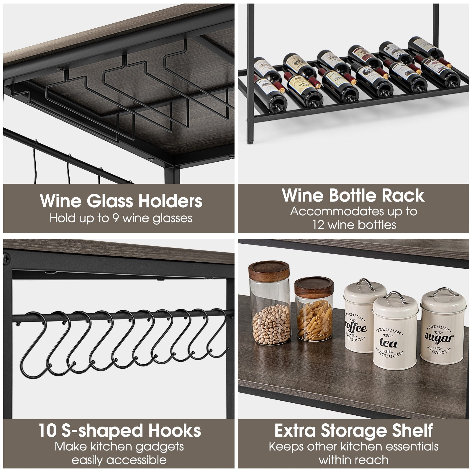 Kitchen Island with 3 Shelves Wine Glass Holders and 10 Hooks, Gray Kitchen Islands & Carts at Gallery Canada