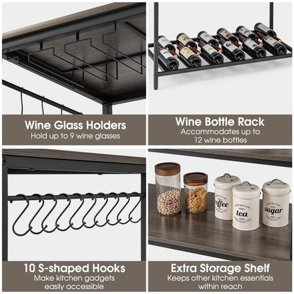 Kitchen Island with 3 Shelves Wine Glass Holders and 10 Hooks, Gray Kitchen Islands & Carts at Gallery Canada