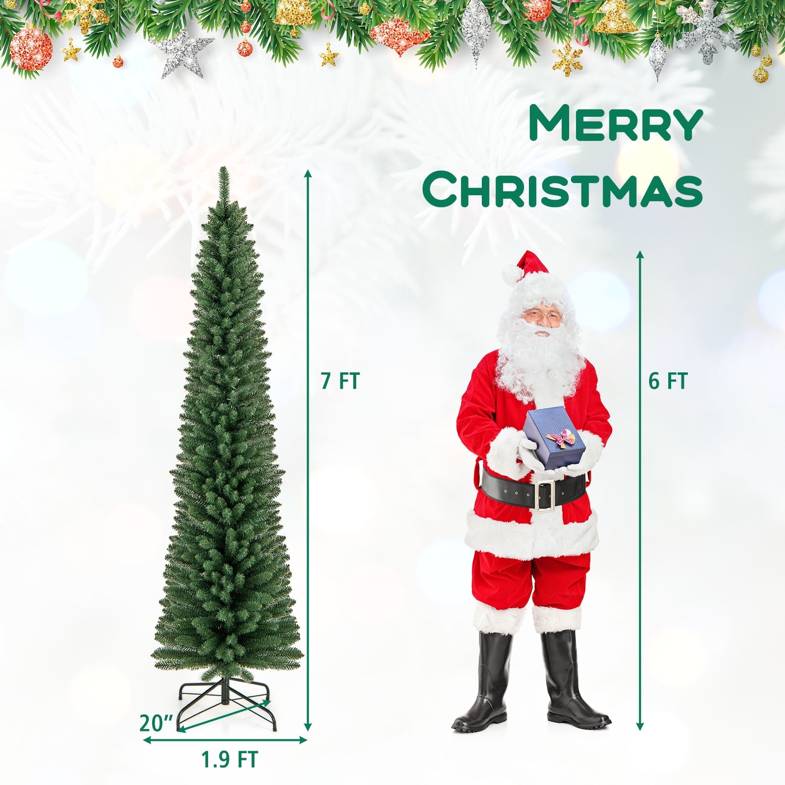 7 ft Pencil Christmas Tree, Memory Wire Tips, Metal Stand, Green Christmas Tree at Gallery Canada