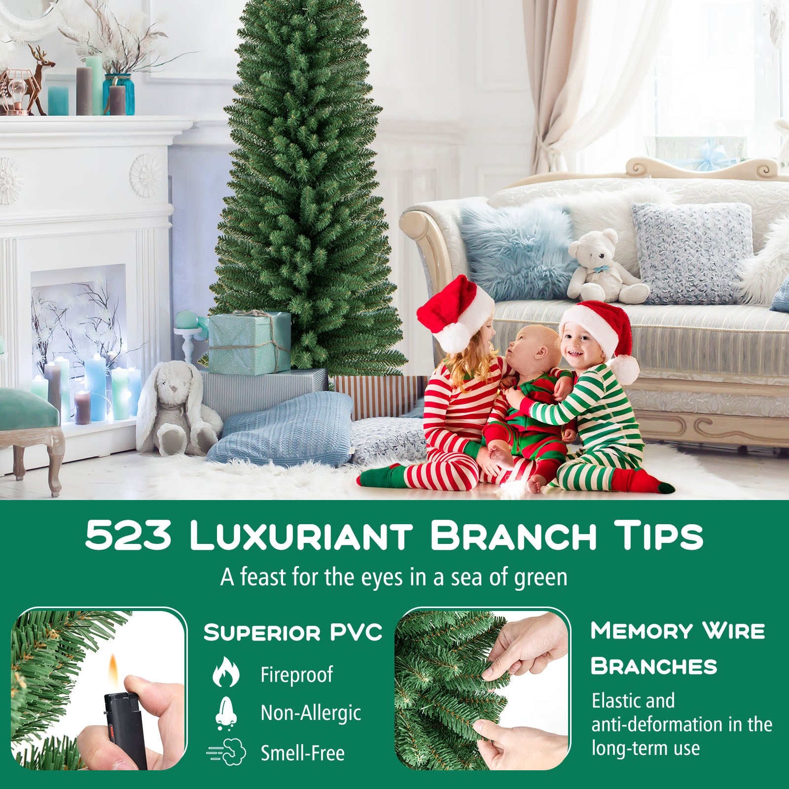 7 ft Pencil Christmas Tree, Memory Wire Tips, Metal Stand, Green Christmas Tree at Gallery Canada
