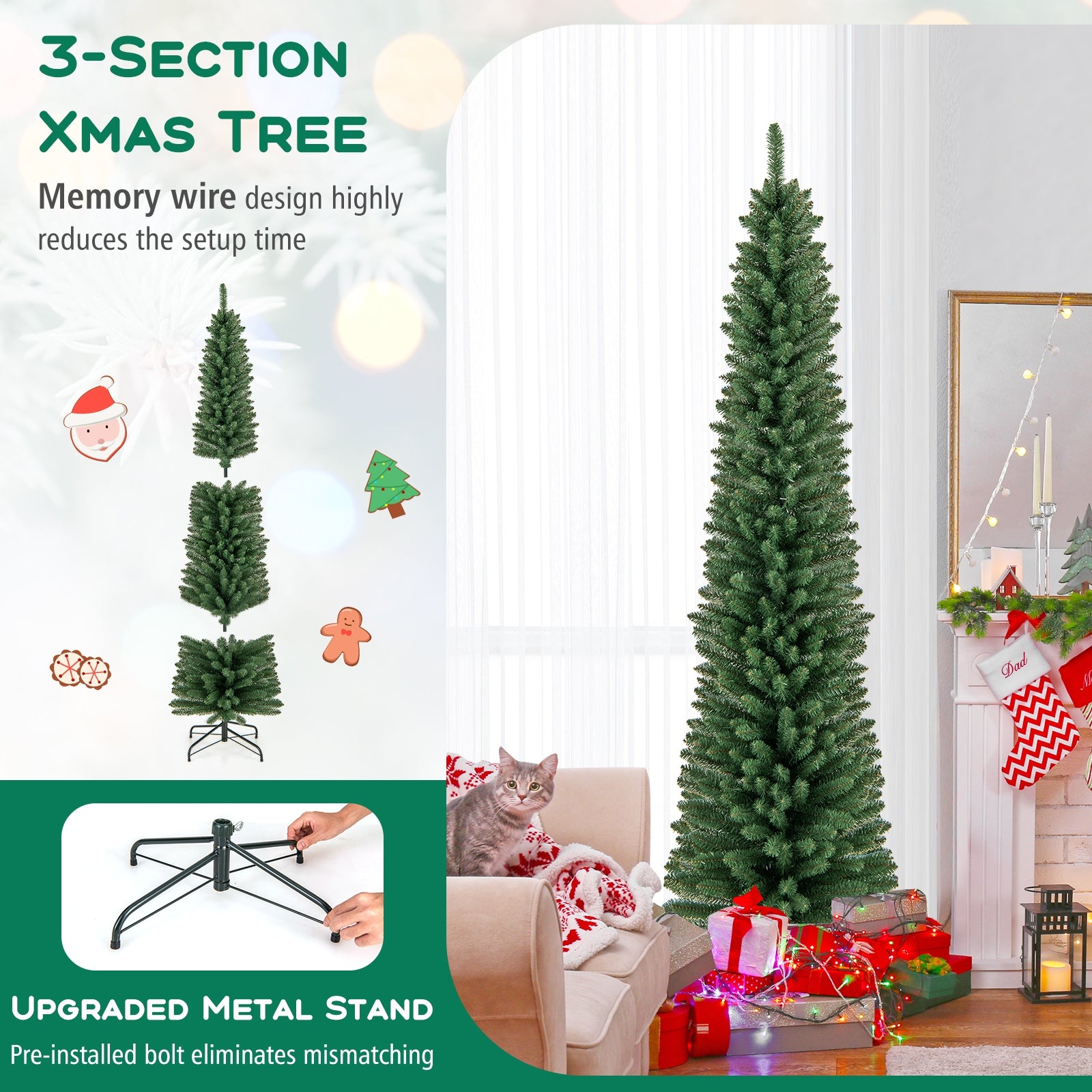 7 ft Pencil Christmas Tree, Memory Wire Tips, Metal Stand, Green Christmas Tree at Gallery Canada