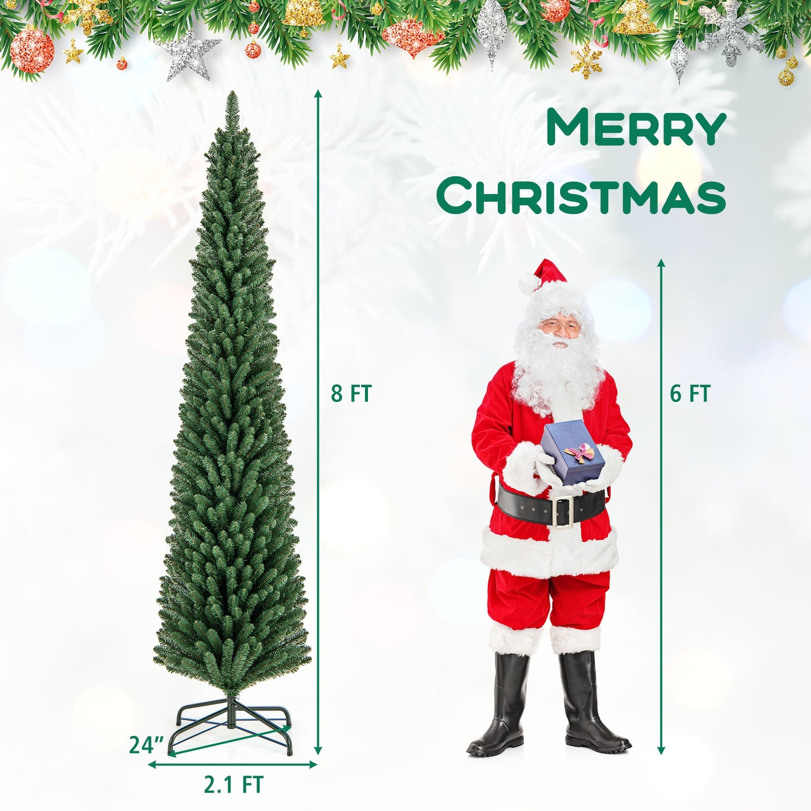 5/6/7/8 Feet Pencil Christmas Tree with 295/392/523/671 Memory Wire Branch Tips and Upgraded Metal Stand-8 ft, Green Christmas Tree at Gallery Canada