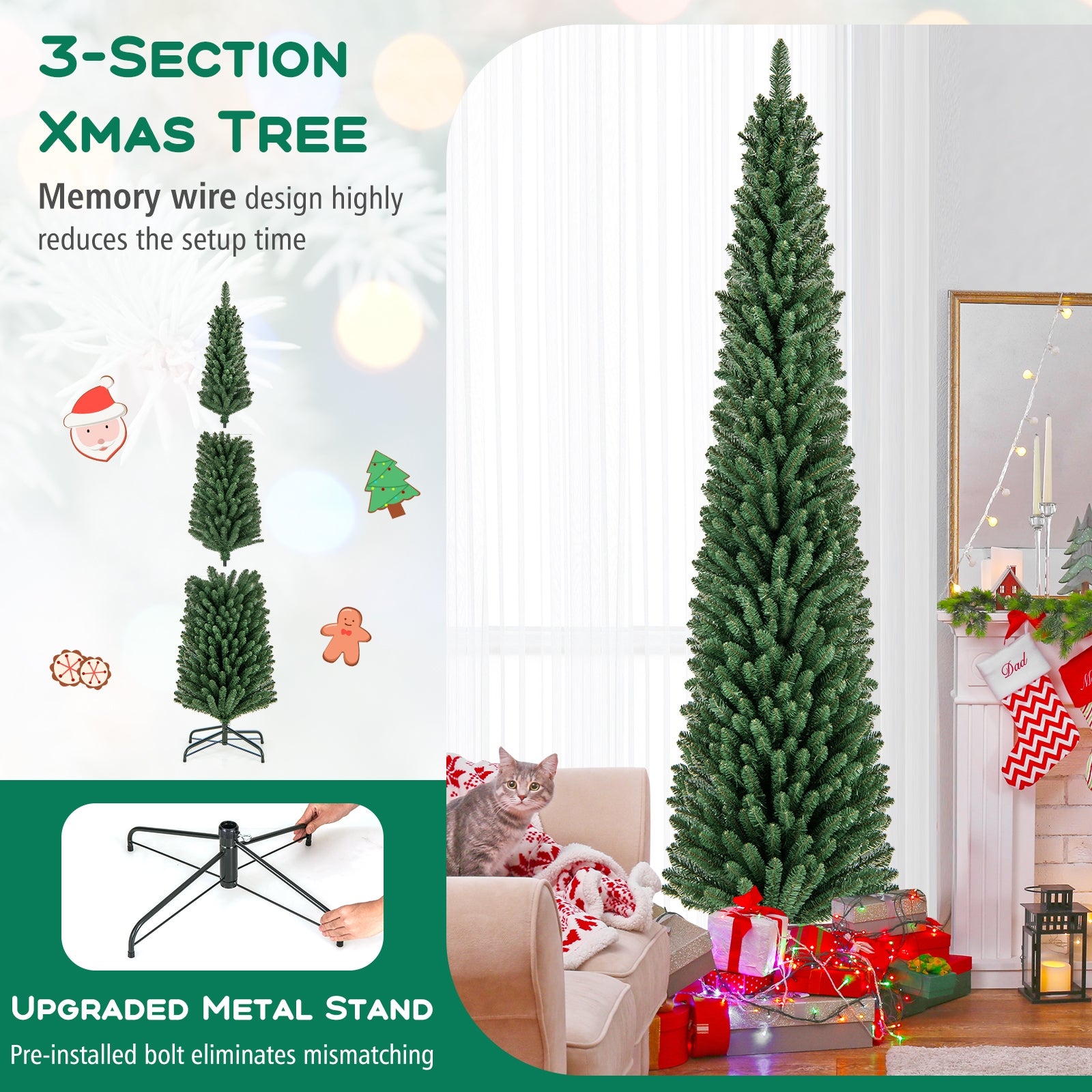 5/6/7/8 Feet Pencil Christmas Tree with 295/392/523/671 Memory Wire Branch Tips and Upgraded Metal Stand-8 ft, Green Christmas Tree at Gallery Canada