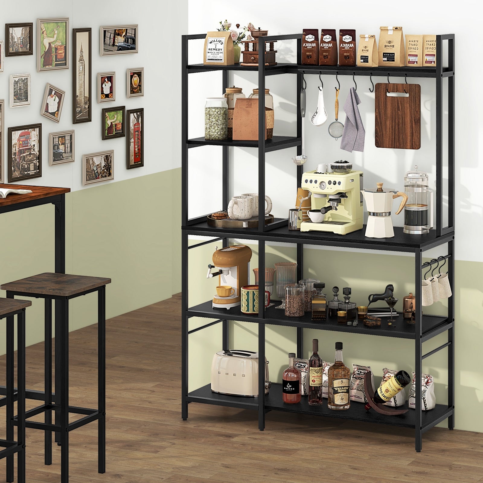 5-Tier Bakers Rack with Power Outlets and 10 S-Shaped Hooks, Black Baker's Racks at Gallery Canada