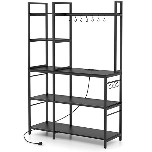 5-Tier Bakers Rack With Power Outlets, 10 S-Shaped Hooks, Black