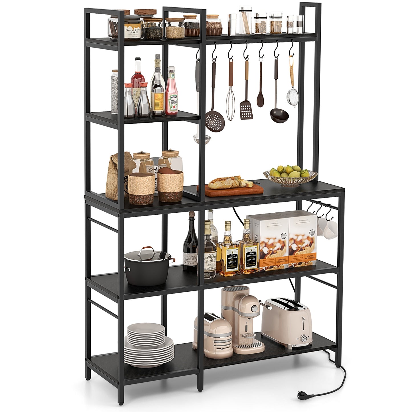 5-Tier Bakers Rack with Power Outlets and 10 S-Shaped Hooks, Black Baker's Racks at Gallery Canada