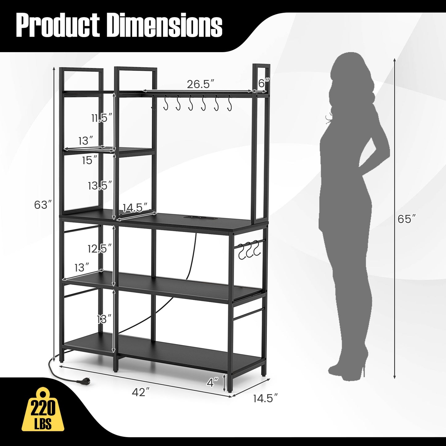 5-Tier Bakers Rack with Power Outlets and 10 S-Shaped Hooks, Black Baker's Racks at Gallery Canada