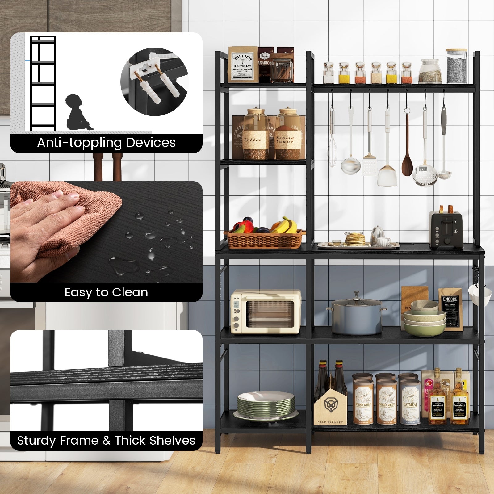 5-Tier Bakers Rack with Power Outlets and 10 S-Shaped Hooks, Black Baker's Racks at Gallery Canada