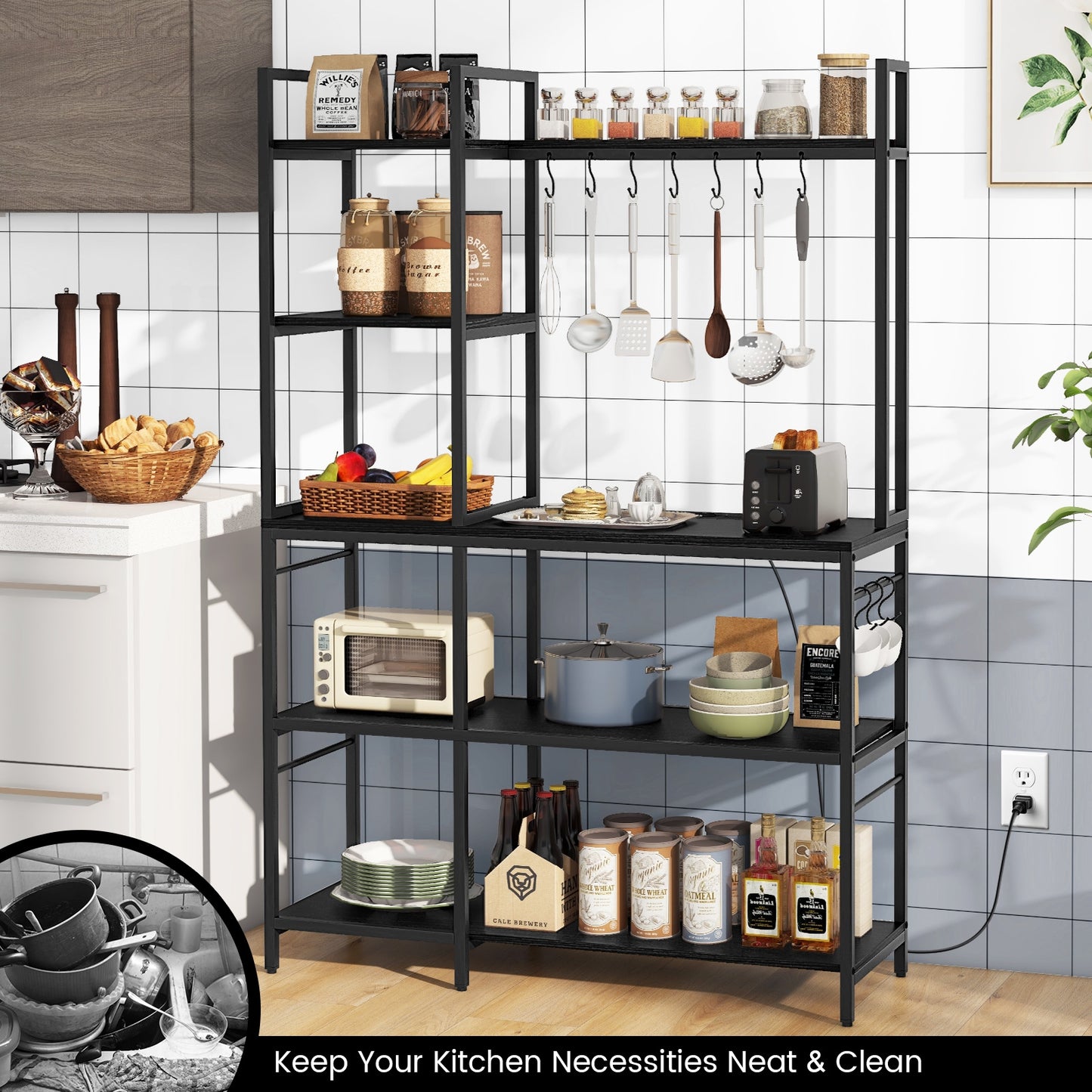 5-Tier Bakers Rack with Power Outlets and 10 S-Shaped Hooks, Black Baker's Racks at Gallery Canada