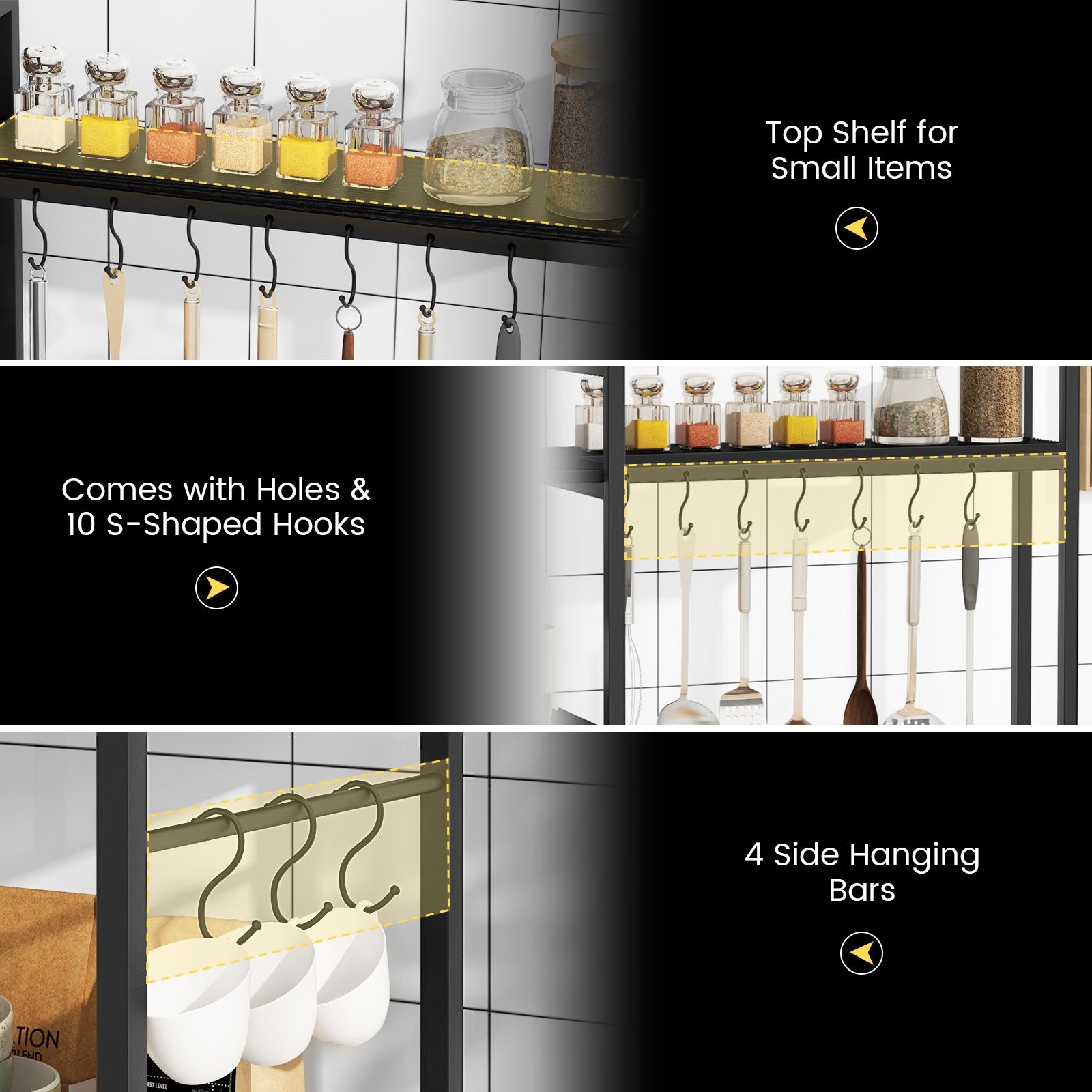 5-Tier Bakers Rack with Power Outlets and 10 S-Shaped Hooks, Black Baker's Racks at Gallery Canada