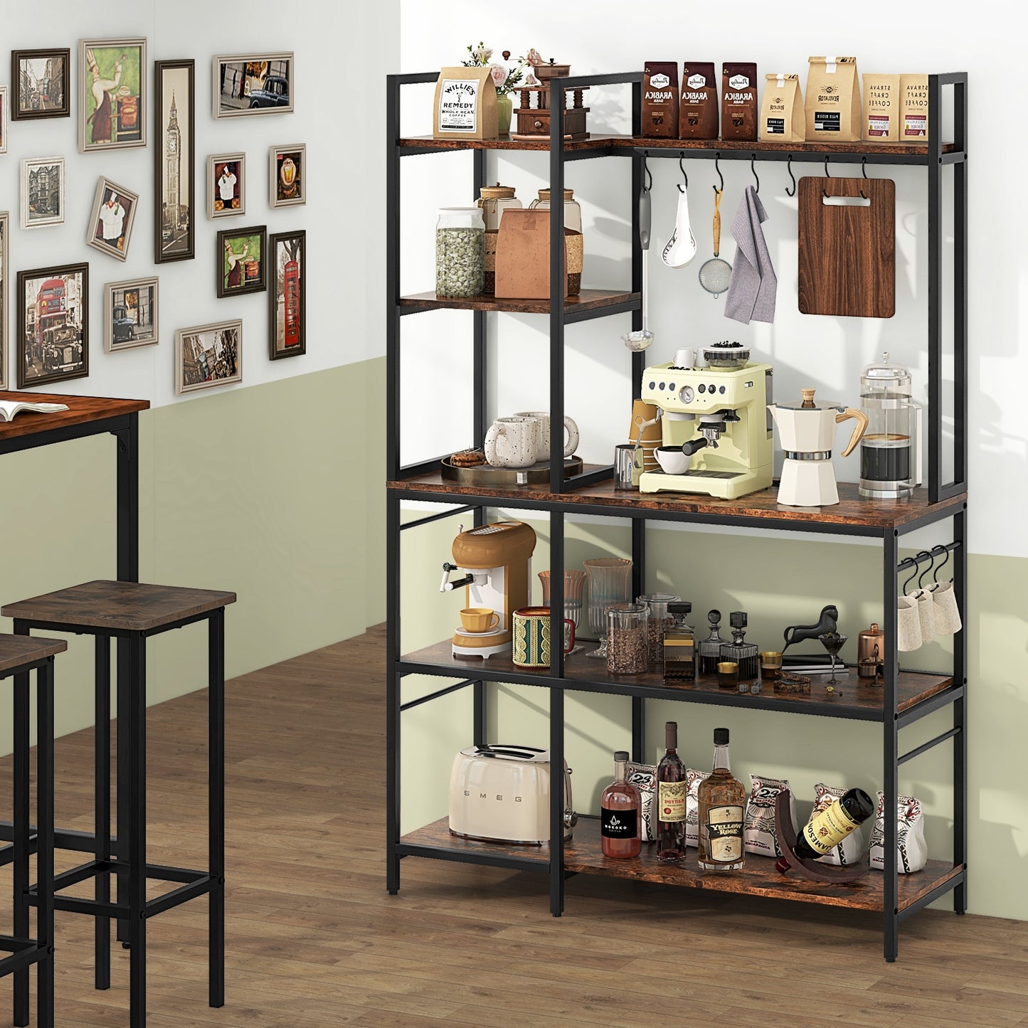 5-Tier Bakers Rack with Power Outlets and 10 S-Shaped Hooks, Rustic Brown Baker's Racks at Gallery Canada