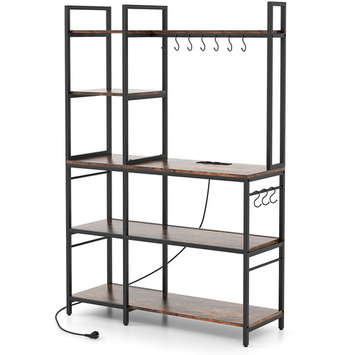 5-Tier Bakers Rack With Power Outlets, 10 S-Shaped Hooks, Rustic Brown