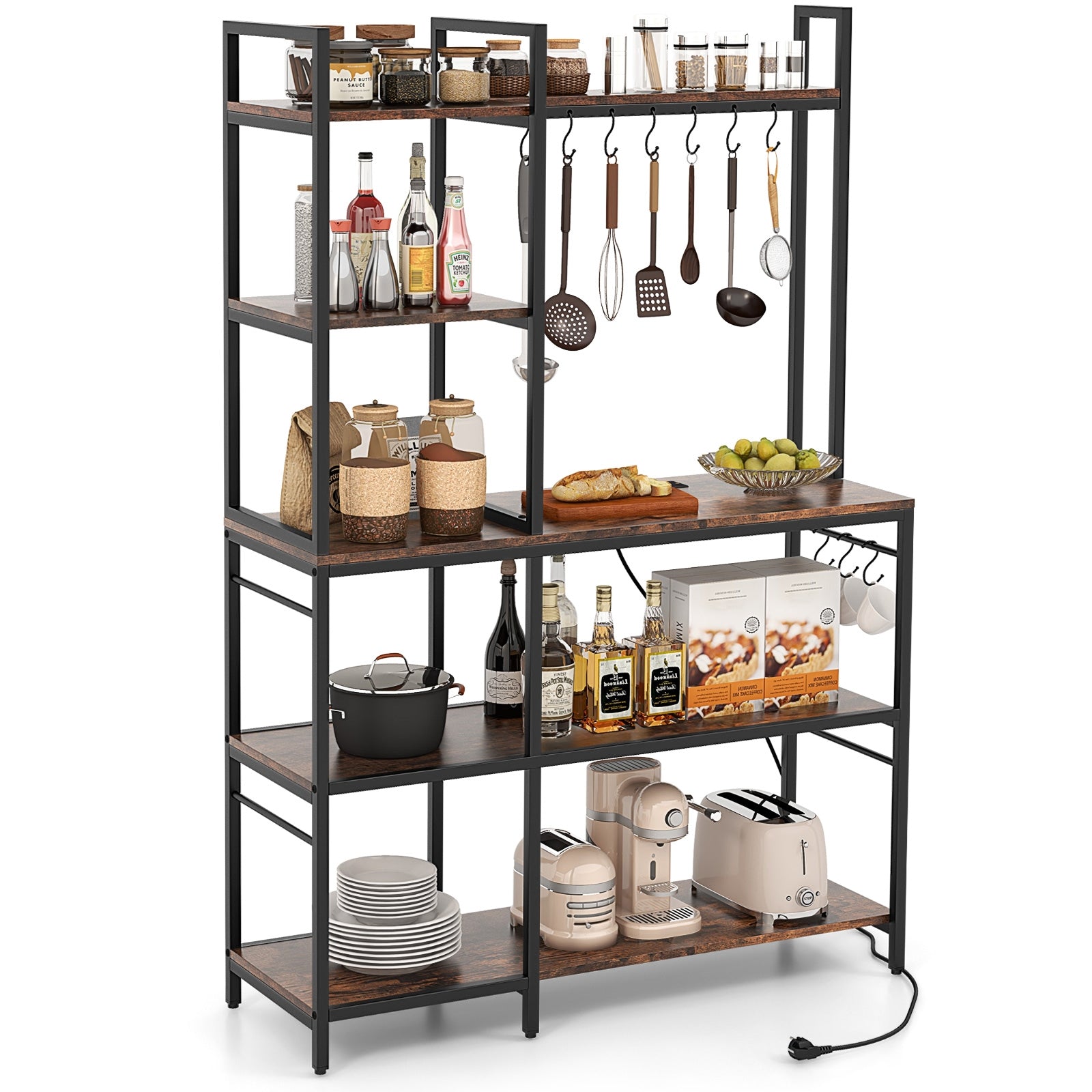 5-Tier Bakers Rack with Power Outlets and 10 S-Shaped Hooks, Rustic Brown Baker's Racks at Gallery Canada
