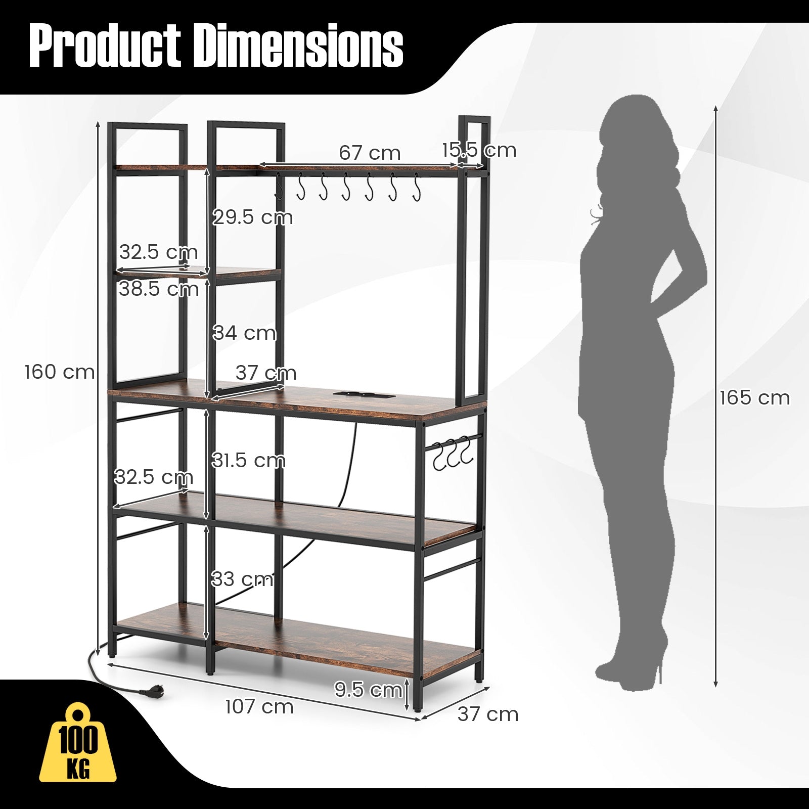 5-Tier Bakers Rack with Power Outlets and 10 S-Shaped Hooks, Rustic Brown Baker's Racks at Gallery Canada