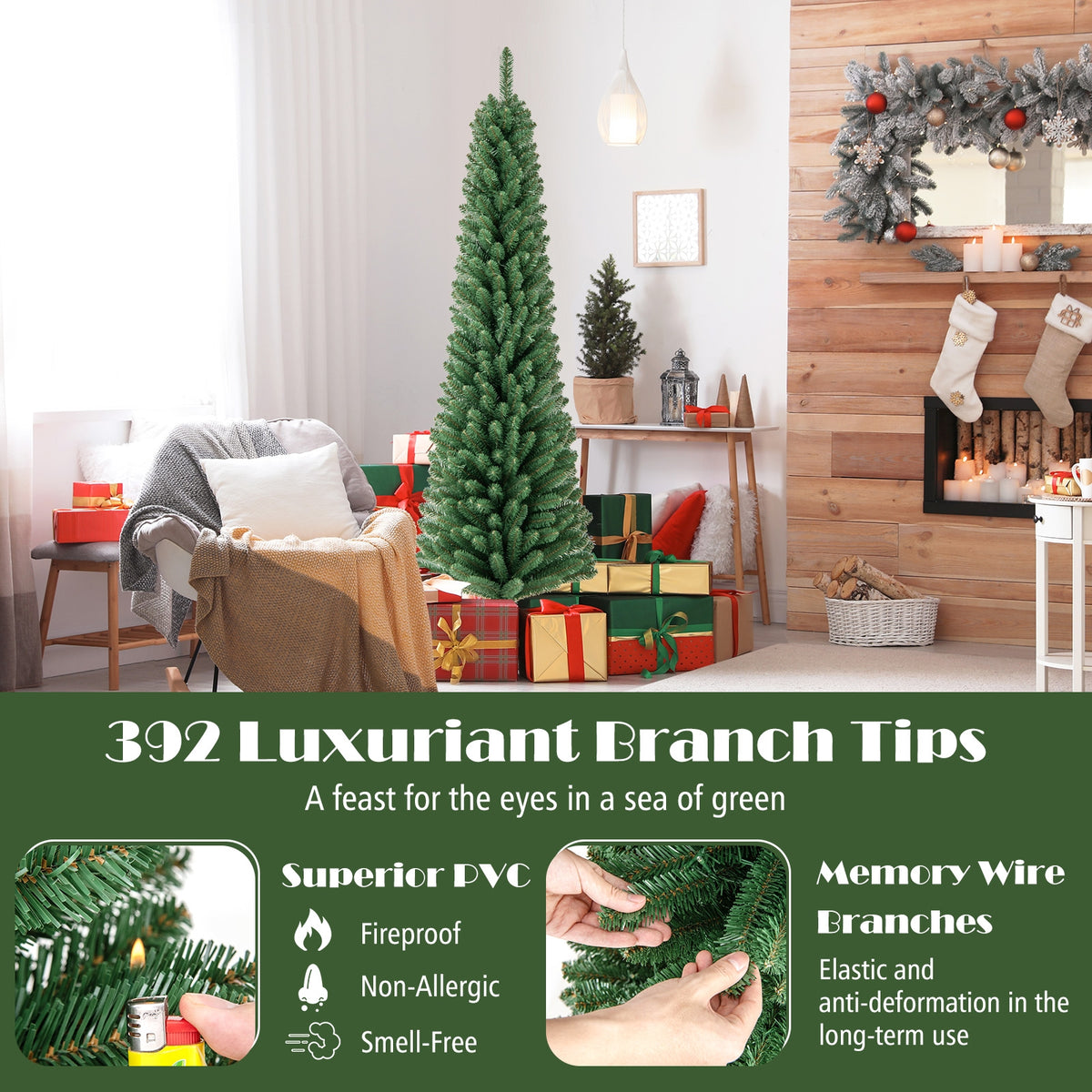 6FT Pencil Christmas Tree, Memory Wire Branch Tips, Warm LED Lights, Green Christmas Tree at Gallery Canada