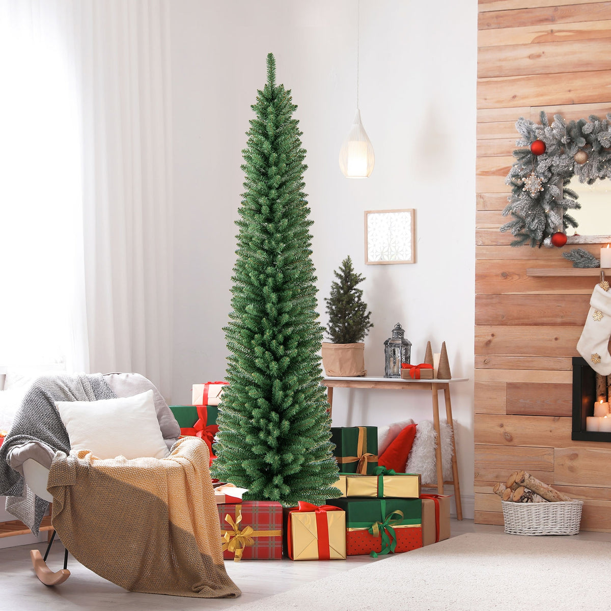 Pencil Christmas Tree, 7FT, Memory Wire Branch Tips, Warm LED Lights, Green Christmas Tree at Gallery Canada