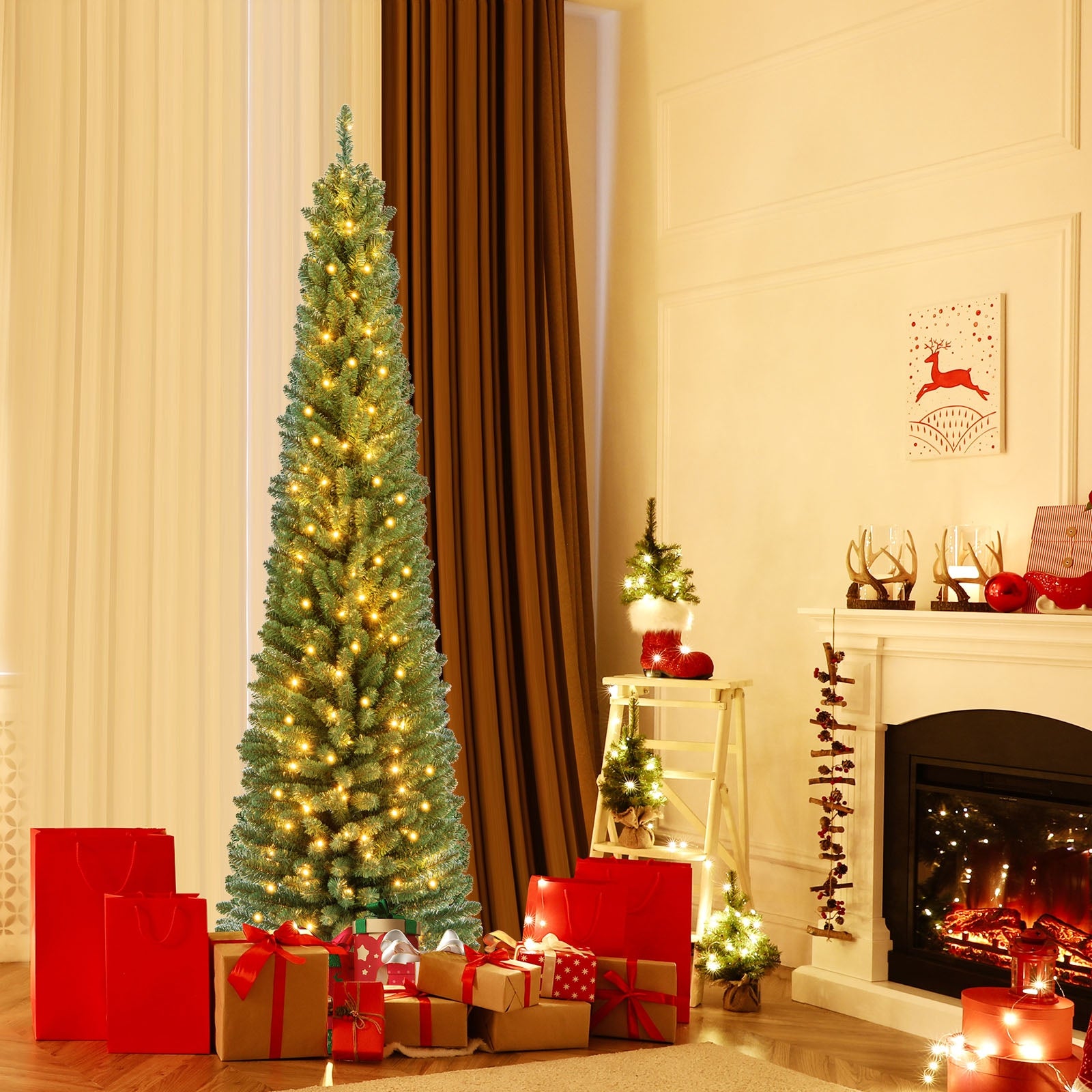 Pencil Christmas Tree, 7FT, Memory Wire Branch Tips, Warm LED Lights, Green Christmas Tree at Gallery Canada