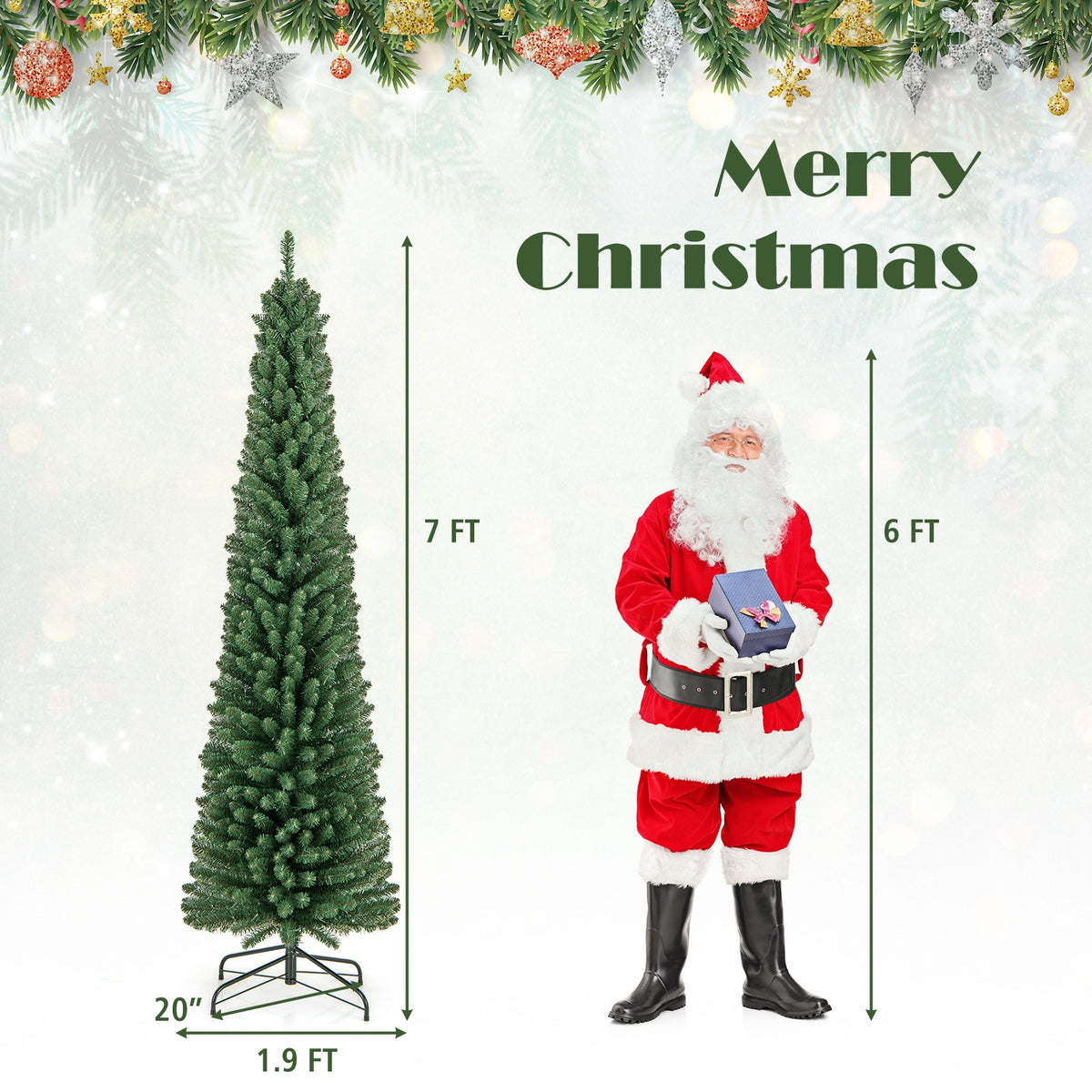Pencil Christmas Tree, 7FT, Memory Wire Branch Tips, Warm LED Lights, Green Christmas Tree at Gallery Canada