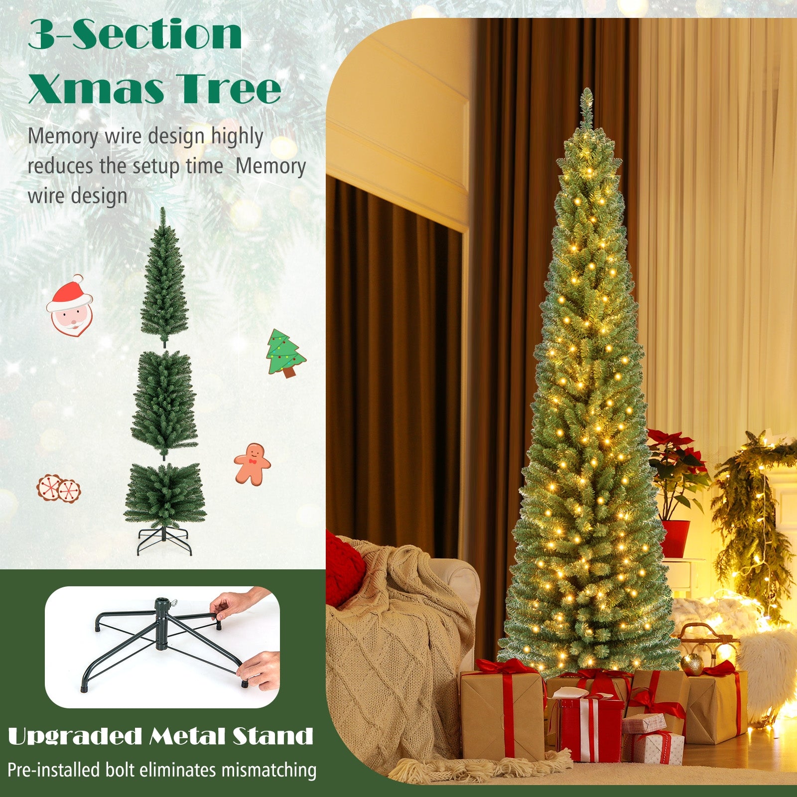 Pencil Christmas Tree, 7FT, Memory Wire Branch Tips, Warm LED Lights, Green Christmas Tree at Gallery Canada