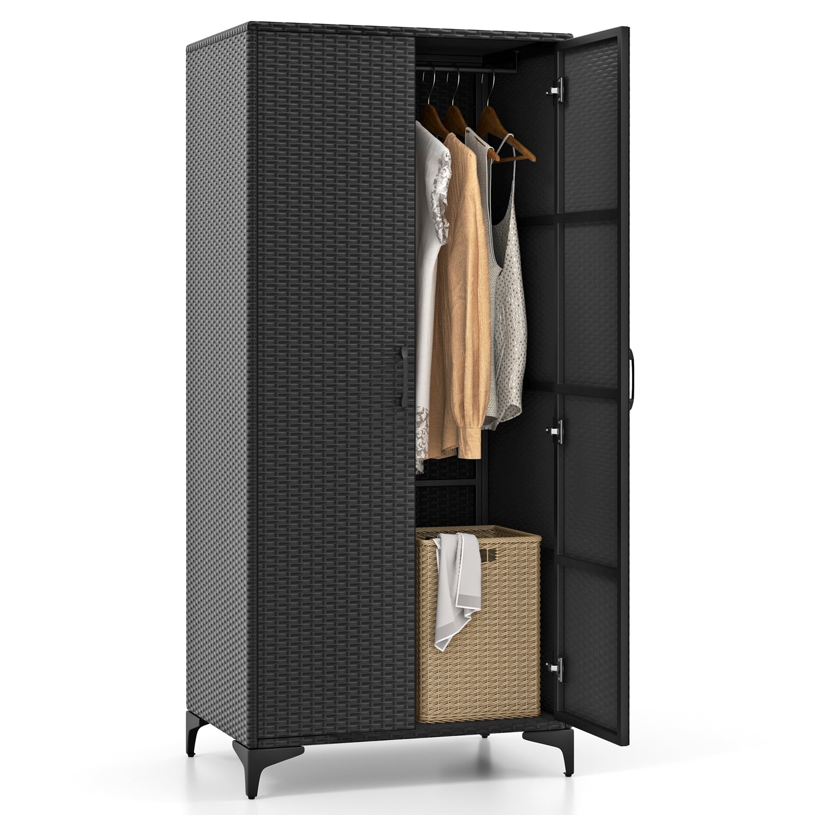 62 Inch Wicker Wardrobe with 2 Doors PE Rattan Closet with Hanging Rod, Black Armoires & Wardrobes at Gallery Canada