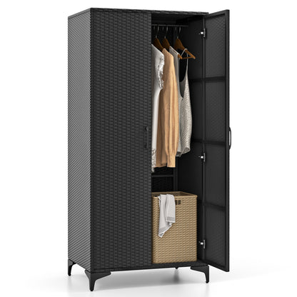 62 Inch Wicker Wardrobe with 2 Doors PE Rattan Closet with Hanging Rod, Black Armoires & Wardrobes at Gallery Canada