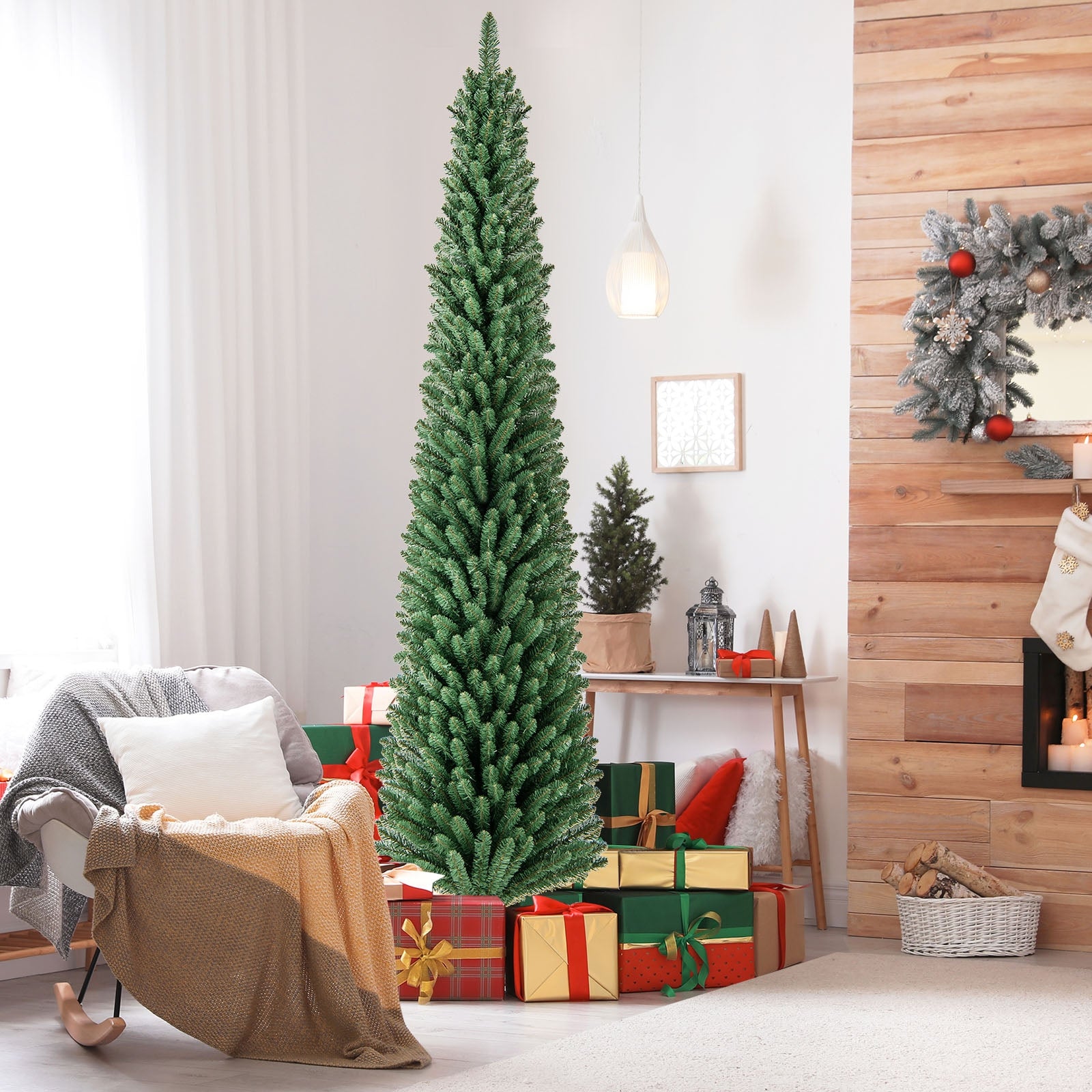 Pencil Christmas Tree With Memory Wire Branch Tips, Warm LED Lights, 8FT, Green Christmas Tree at Gallery Canada