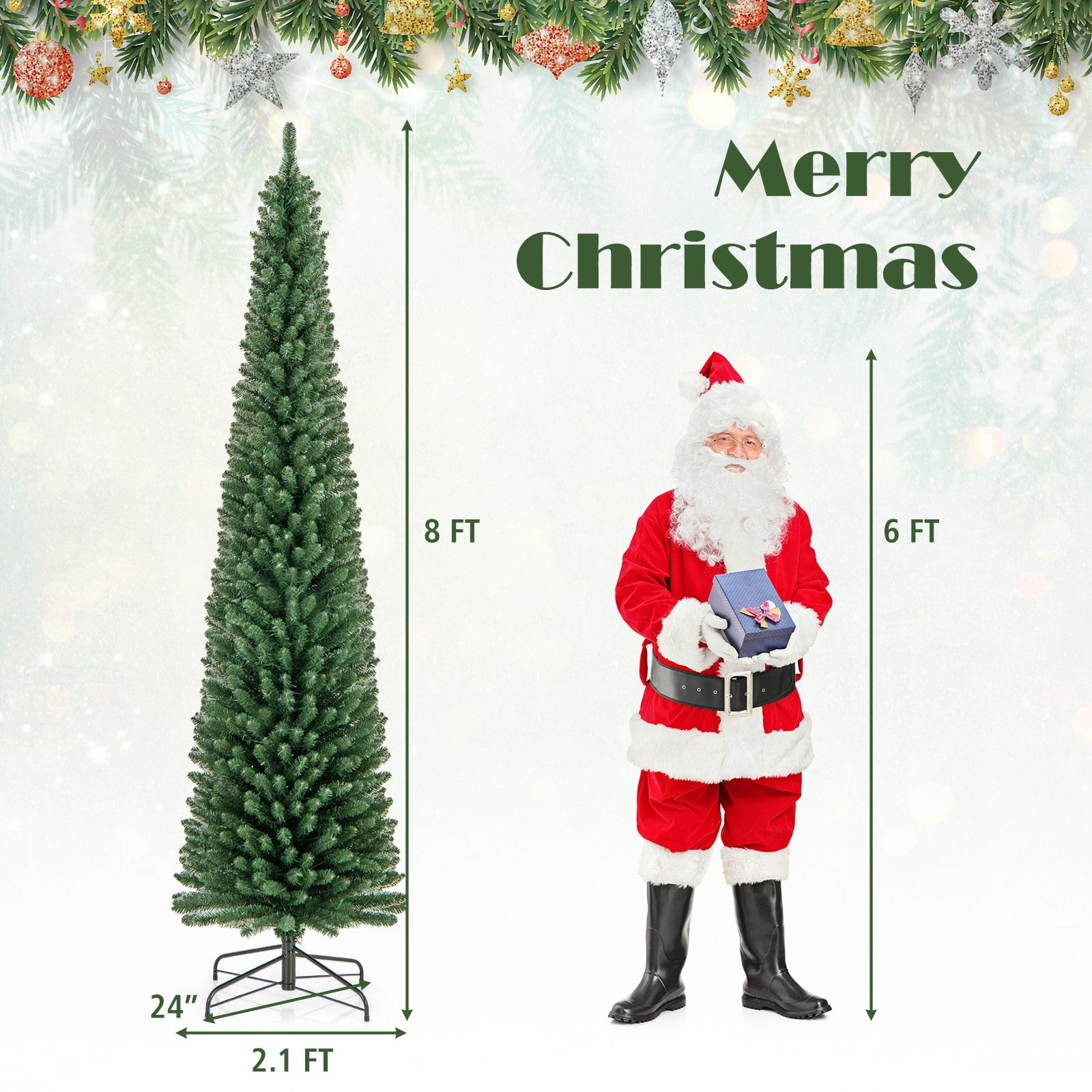 Pencil Christmas Tree With Memory Wire Branch Tips, Warm LED Lights, 8FT, Green Christmas Tree at Gallery Canada
